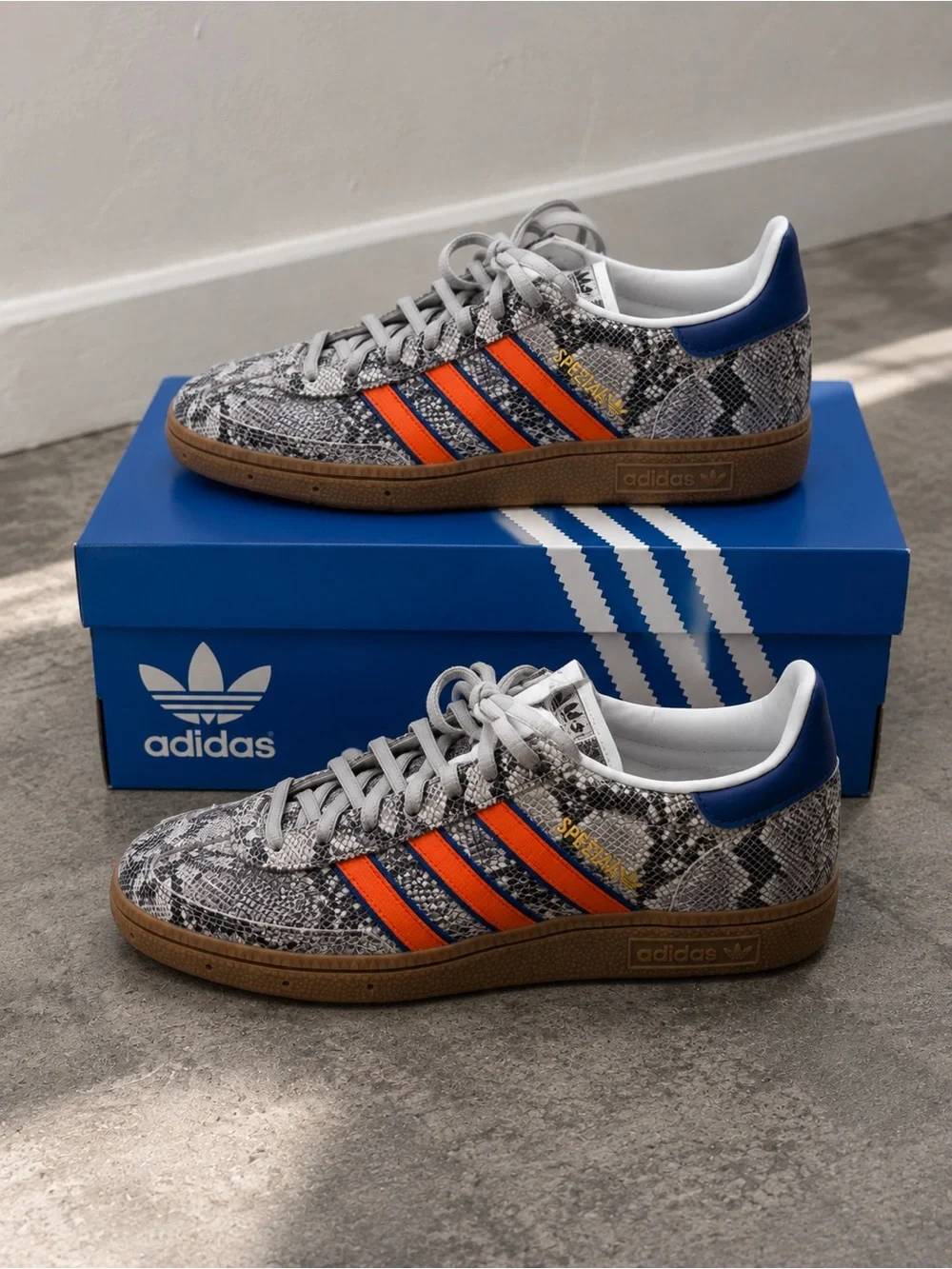 adidas Men’s Snake-Print Spezial Sneakers in Gray, Orange & Blue